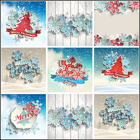 7款圣诞节圣诞树雪花剪纸风格插图1