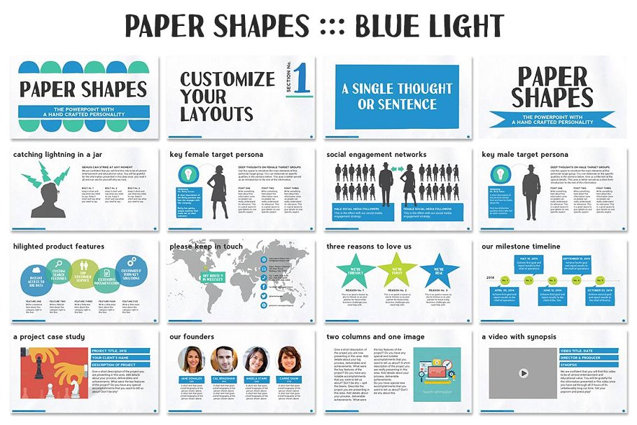 512页手工设计 PPT 幻灯片模板（共8种配色方案） Paper Shapes Powerpoint Presentation插图(1)