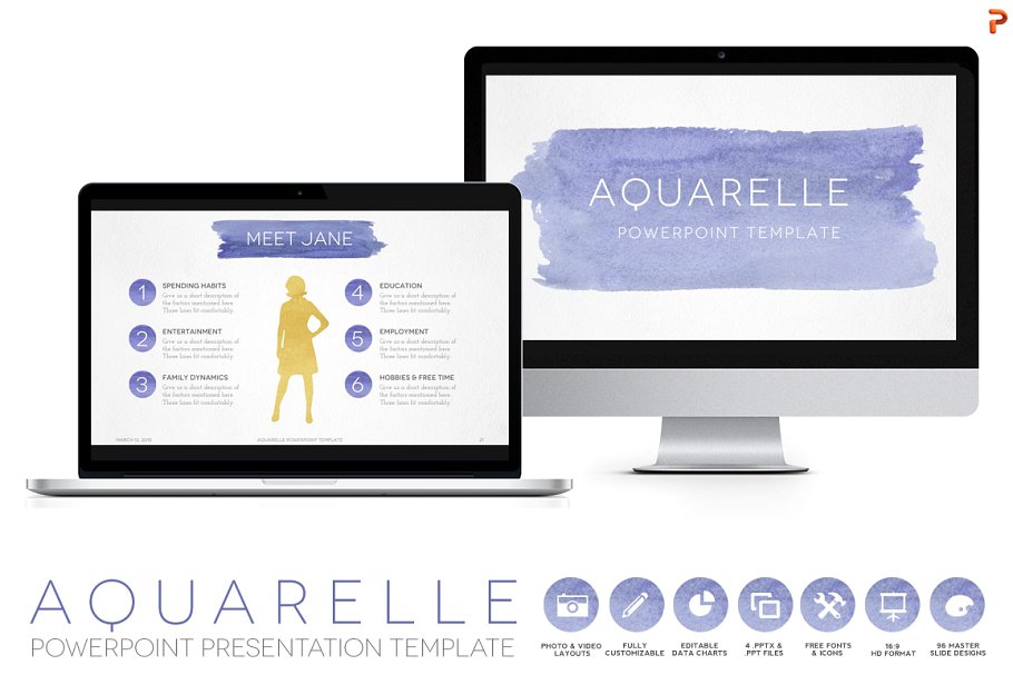 透明水彩画风格PPT幻灯片模板 Aquarelle Powerpoint Template插图